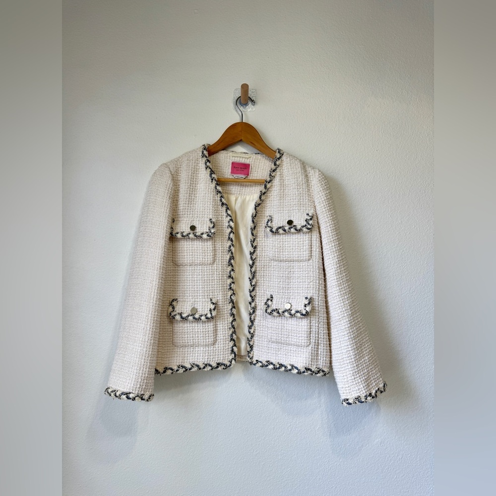 Kate Spade Tweed Jacket Cream Navy Trim Cropped Blazer Size 4 - Picture 3 of 6